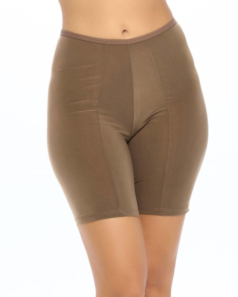 Front of a model wearing a size XL Classic Anti Chafing Shortlette Slipshort in Brown by Undersummers. | dia_product_style_image_id:243436